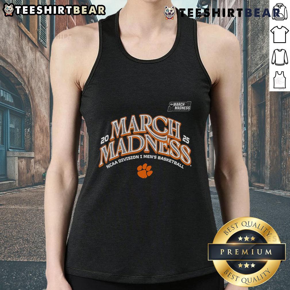 Official Clemson Men's Basketball 2025 March Madness Bound tank top featuring team colors and logo for fans.