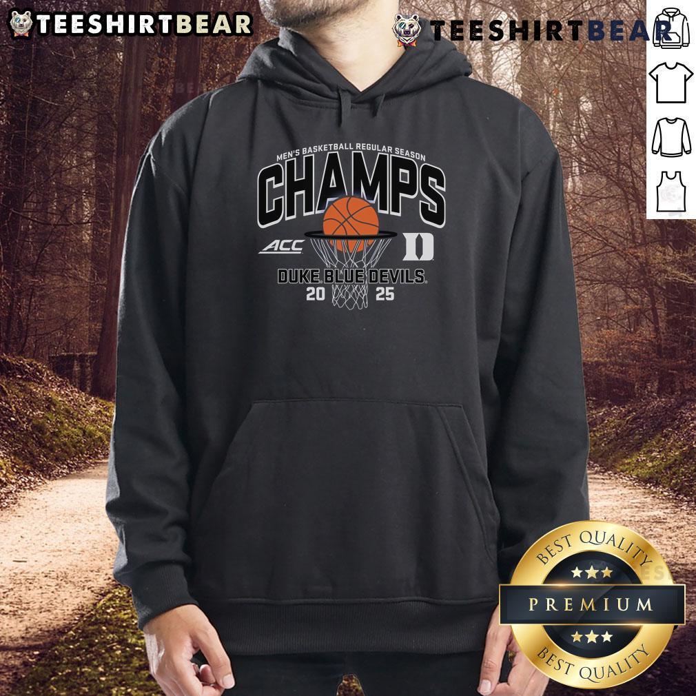 Official Duke Blue Devils 2025 ACC Men's Basketball Champions hoodie in blue, perfect for fans and collectors.