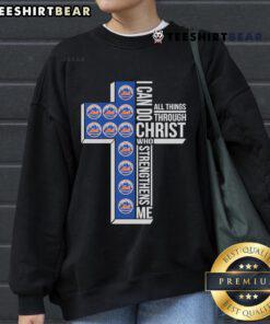 Alt Text: Official I Can Do All Things Through Christ Who Strengthens Me New York Mets Cross Sweatshirt in blue and orange.