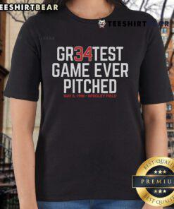 Official Kerry Wood 34 Gr34test Greatest Game Ever Pitched Ladies Tee featuring a stylish design for baseball fans.