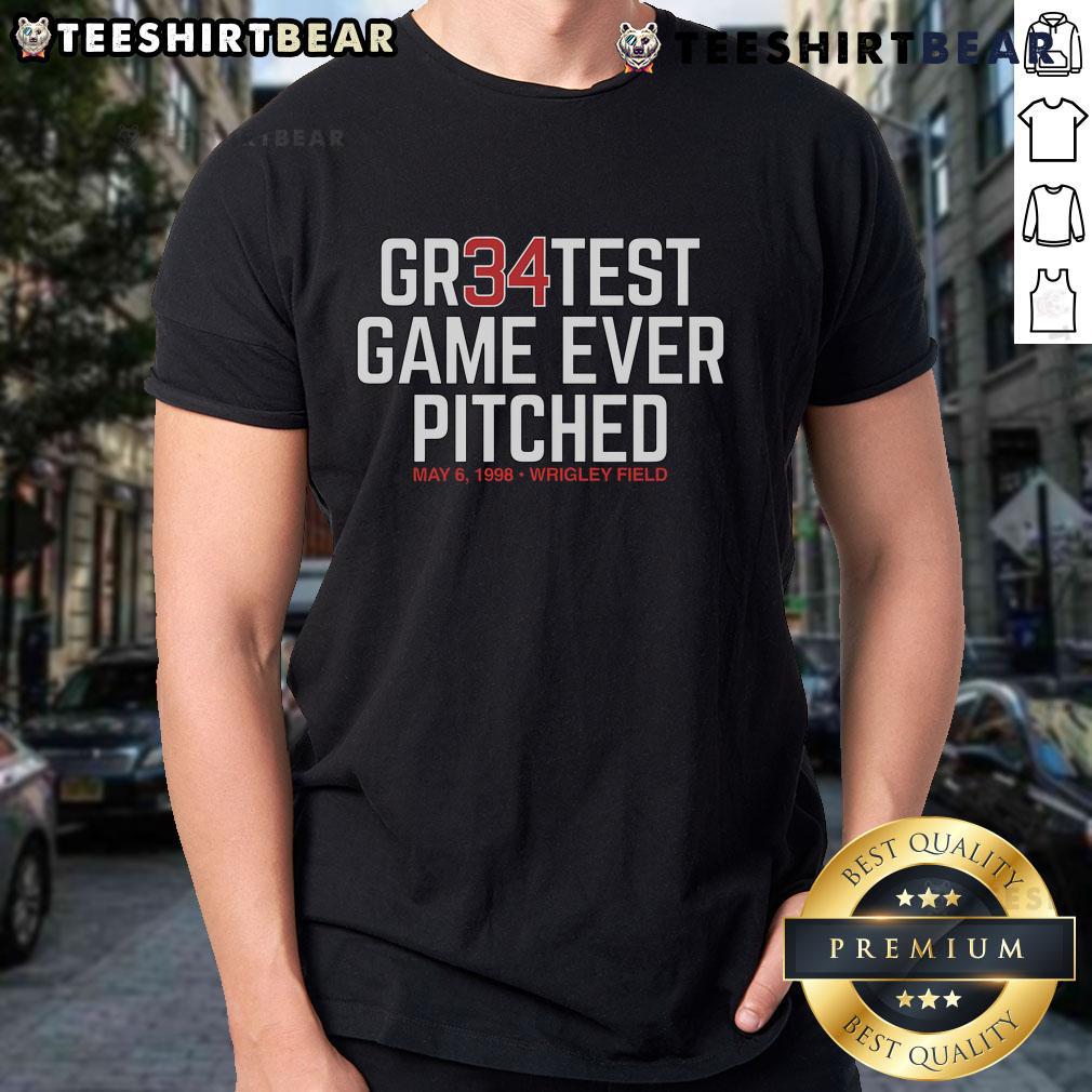 Alt Text: Official Kerry Wood Gr34Test Greatest Game Ever Pitched T-Shirt featuring iconic design and vibrant graphics.