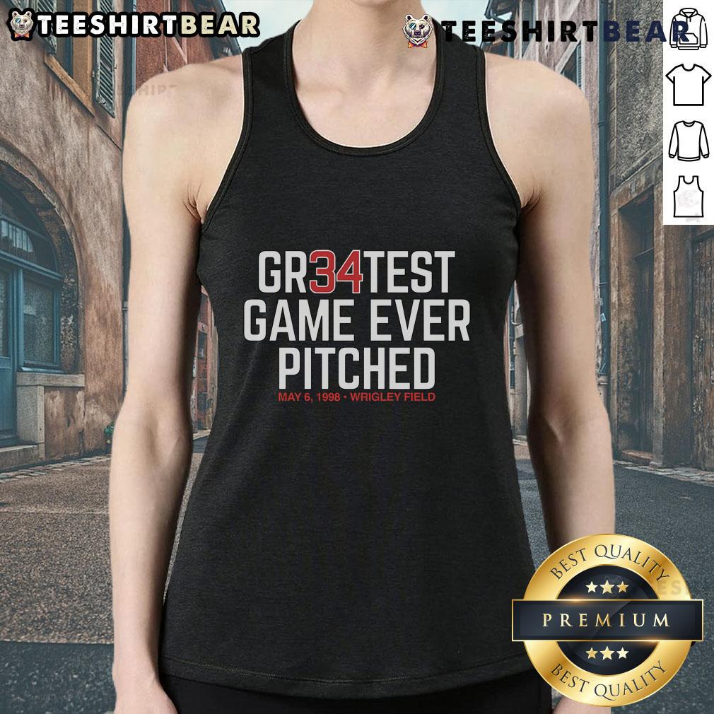 Official Kerry Wood 34 Gr34test Greatest Game Ever Pitched tank top showcasing vintage baseball style and memorabilia.