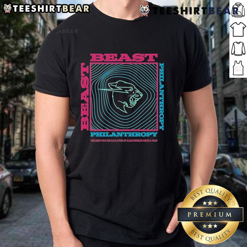 Alt Text: Official Mr Beast Philanthropy T-shirt promoting clean drinking water; each shirt funds 2,015 liters annually.