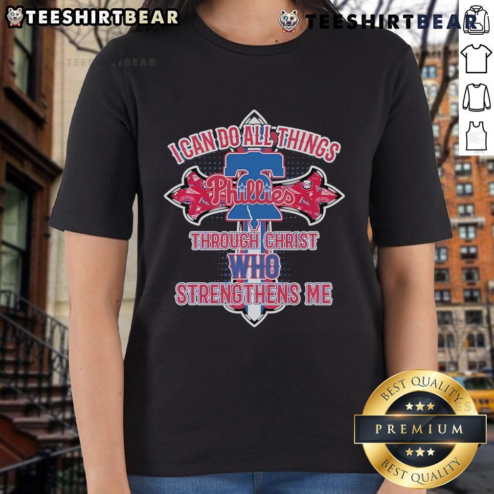 Ladies tee featuring 'I Can Do All Things Through Christ Who Strengthens Me' and Philadelphia Phillies logo.
