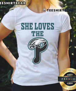 Official She Loves The Philadelphia Eagles Ladies Boyfriend Tee featuring team colors and logo, perfect for female fans.