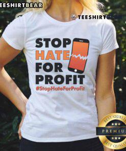 Official Stop Hate For Profit cracked cell phone ladies tee featuring a bold anti-hate graphic for awareness and support.