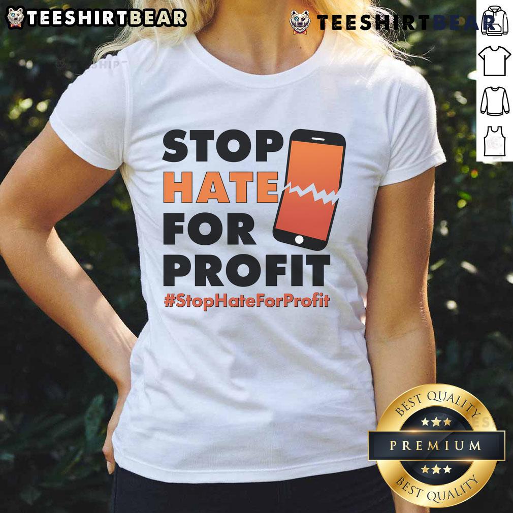 Official Stop Hate For Profit cracked cell phone ladies tee featuring a bold anti-hate graphic for awareness and support.