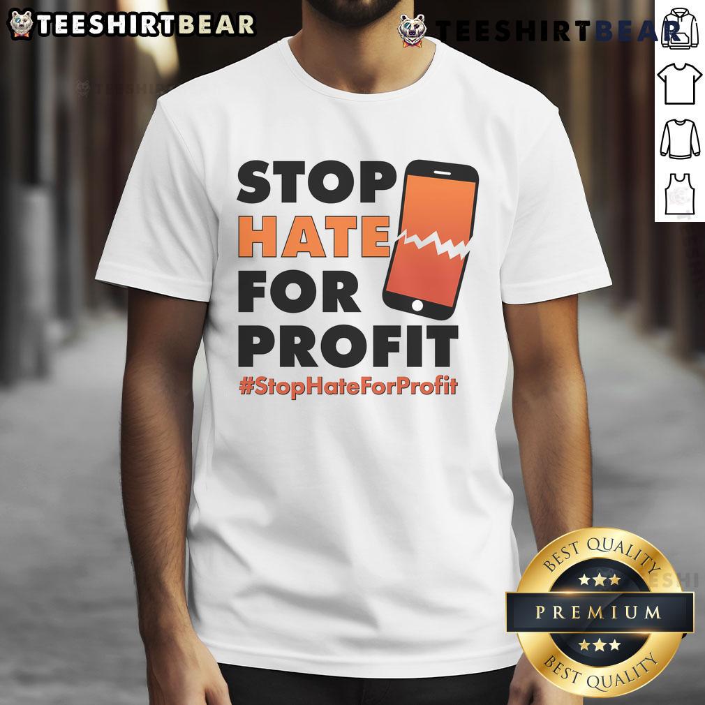 Alt Text: Official Stop Hate For Profit cracked cell phone t-shirt featuring a bold graphic design.