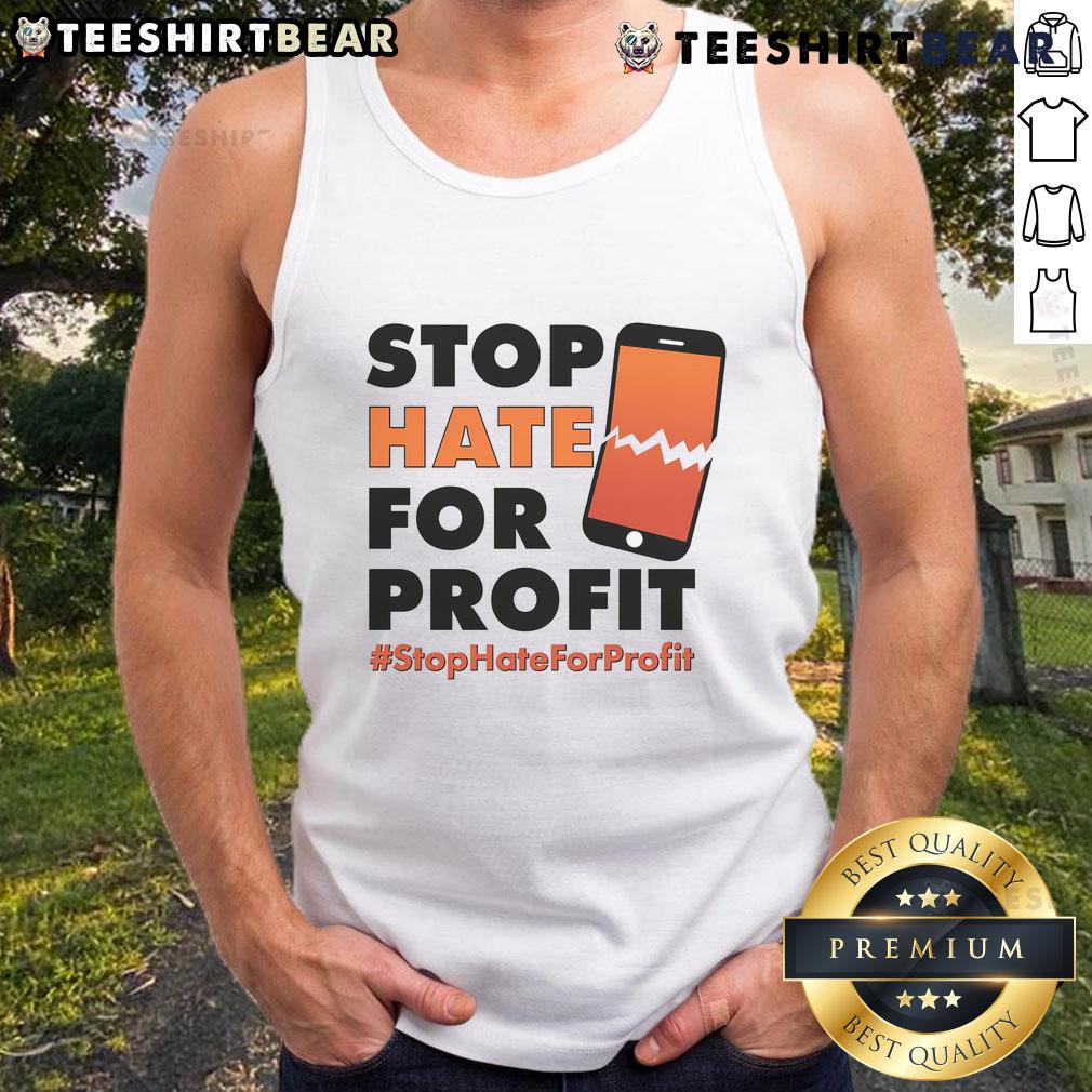 Official Stop Hate for Profit cracked cell phone tank top featuring bold graphics promoting anti-hate awareness.