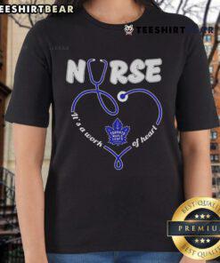 Official Toronto Maple Leafs stethoscope nurse tee, 'It's A Work Of Heart', perfect for hockey-loving healthcare professionals.