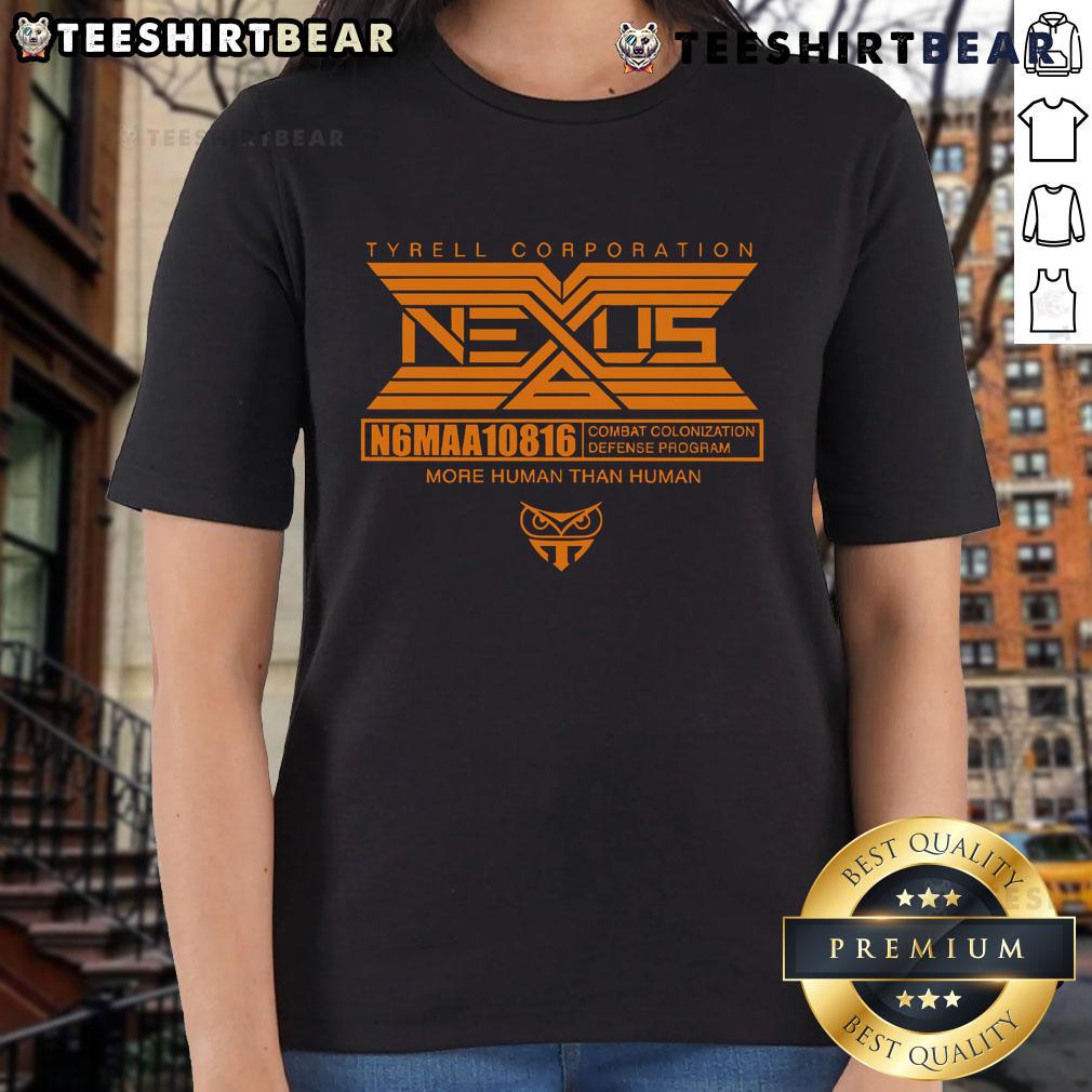 Alt Text: Official Tyrell Corporation Nexus More Human Than Human ladies tee featuring a stylish design and logo.