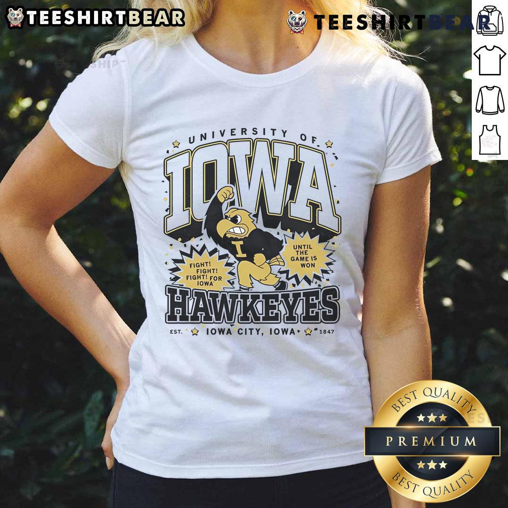 Official University of Iowa Fight Fight Fight Iowa Hawkeyes ladies tee showcasing team spirit and style.