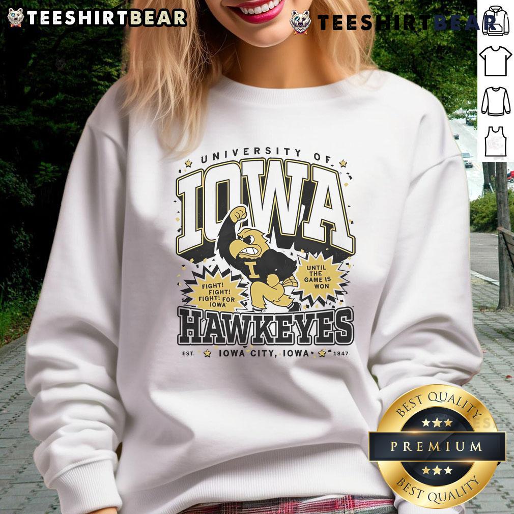 Alt Text: Official University of Iowa Fight Fight Fight Iowa Hawkeyes sweatshirt featuring bold team colors and logo.