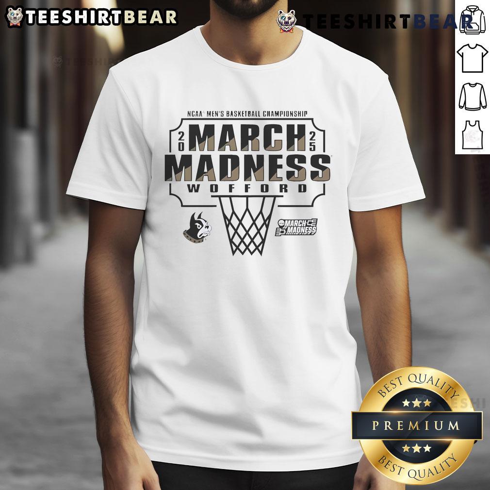 Official Wofford College Men's Basketball 2025 NCAA Tournament Bound T-Shirt featuring team logo and vibrant colors.