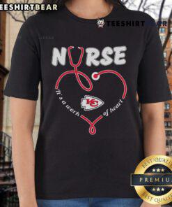 Original Nurse 'It's a Work of Heart' Kansas City Chiefs ladies tee featuring team colors and logo, perfect for fans.