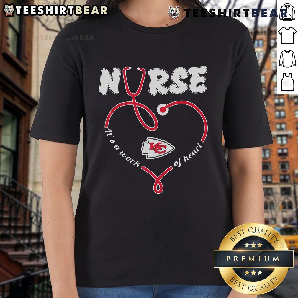 Original Nurse 'It's a Work of Heart' Kansas City Chiefs ladies tee featuring team colors and logo, perfect for fans.