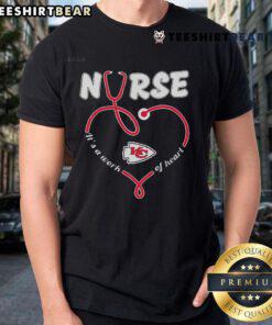 Alt Text: Original Nurse It's A Work Of Heart Kansas City Chiefs T-Shirt featuring a vibrant design for fans and healthcare workers.