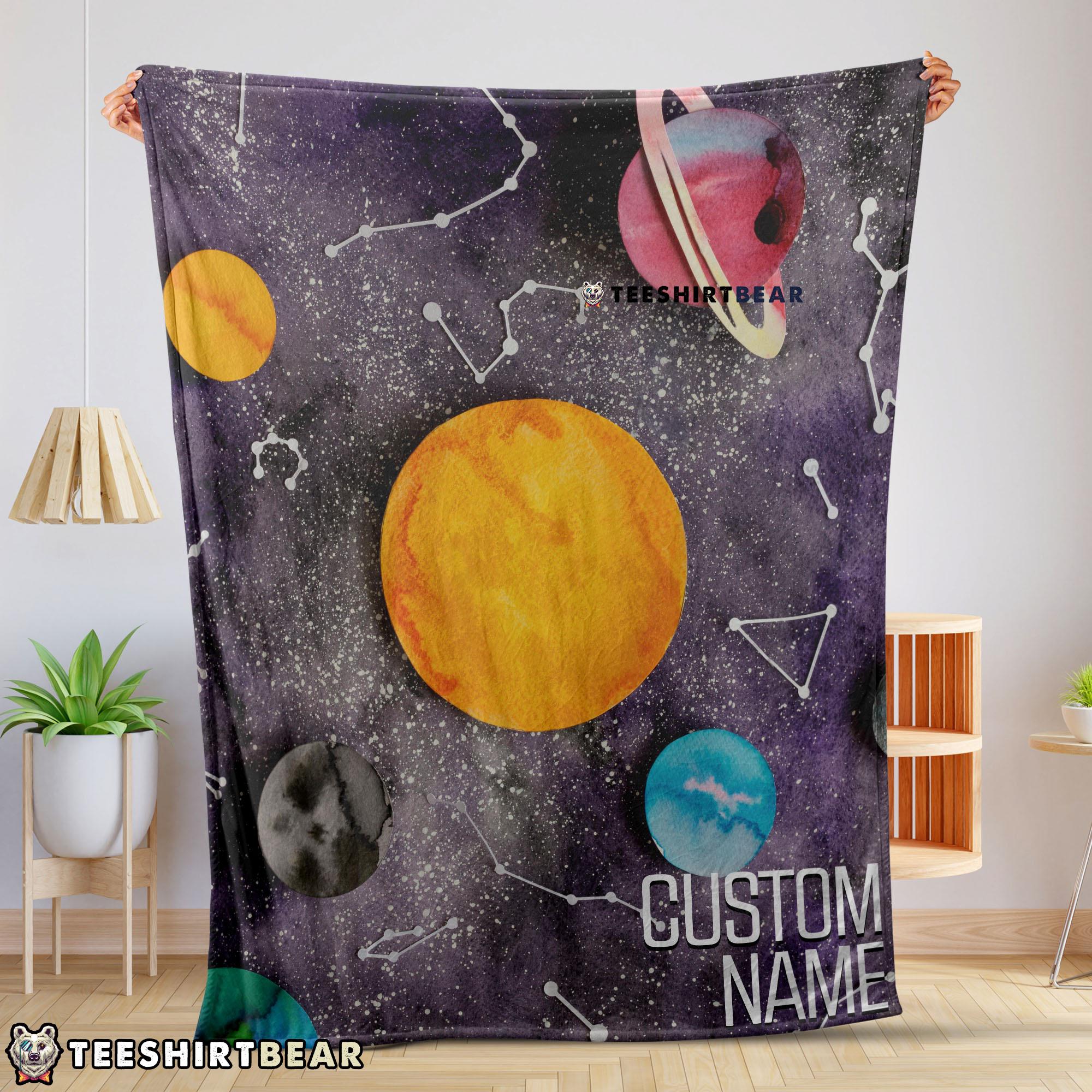 Outer Space Galaxy Watercolor Planets & Stars Blanket Fleece Customized Blanket