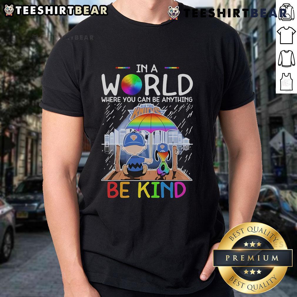 Alt Text: Pretty Charlie Brown and Snoopy New York Knicks T-Shirt with 'Be Kind' message, perfect for fans and kindness advocates.