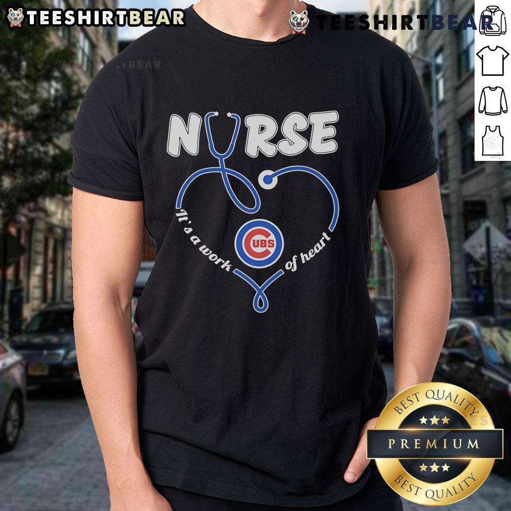 Alt Text: Pretty Chicago Cubs Nurse T-Shirt featuring 'Its A Work Of Heart' design, perfect for fans and healthcare professionals.