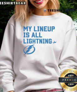 Pretty Tampa Bay Lightning My Lineup sweatshirt displayed on a mannequin, showcasing team colors and logo.