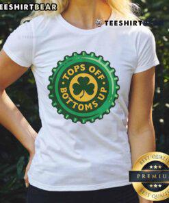 St. Patrick's Day ladies tee featuring 'Pretty Tops Off Bottoms Up' bottle cap graphic, perfect for festive celebrations.