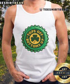 St. Patrick's Day tank top featuring 'Pretty Tops Off, Bottoms Up' design, perfect for festive celebrations and parties.