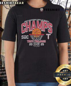 Alt Text: Troy Trojans Ladies Tee featuring 'Top 2025 Sun Belt Men's Basketball Champions' design, perfect for fans.