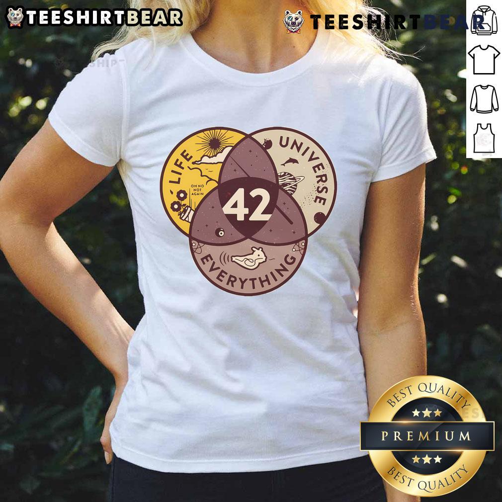 Top 42 Answers to Life Universe Everything Ladies Tee featuring witty quotes and vibrant design for thoughtful fans.