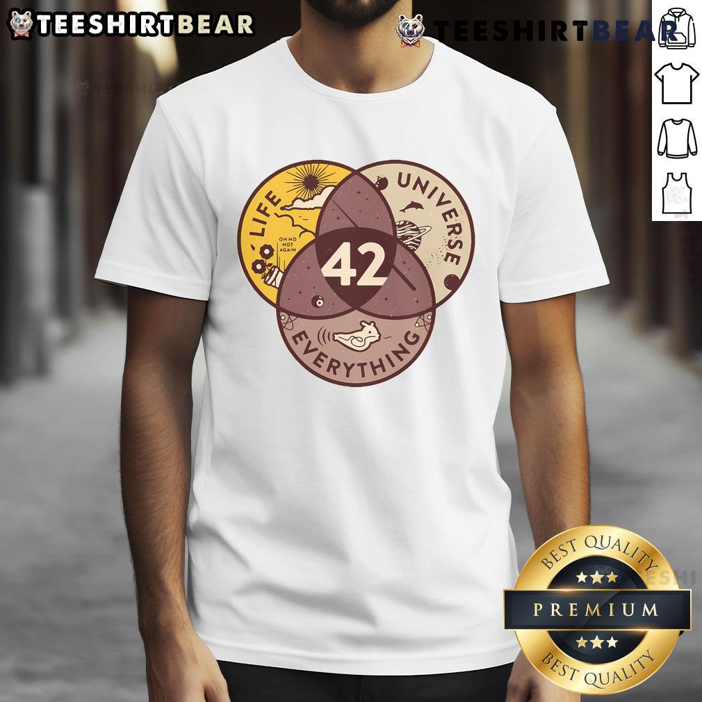 Top 42 Answers To Life Universe Everything T-Shirt featuring a stylish design and bold typography for fans of philosophy and humor.