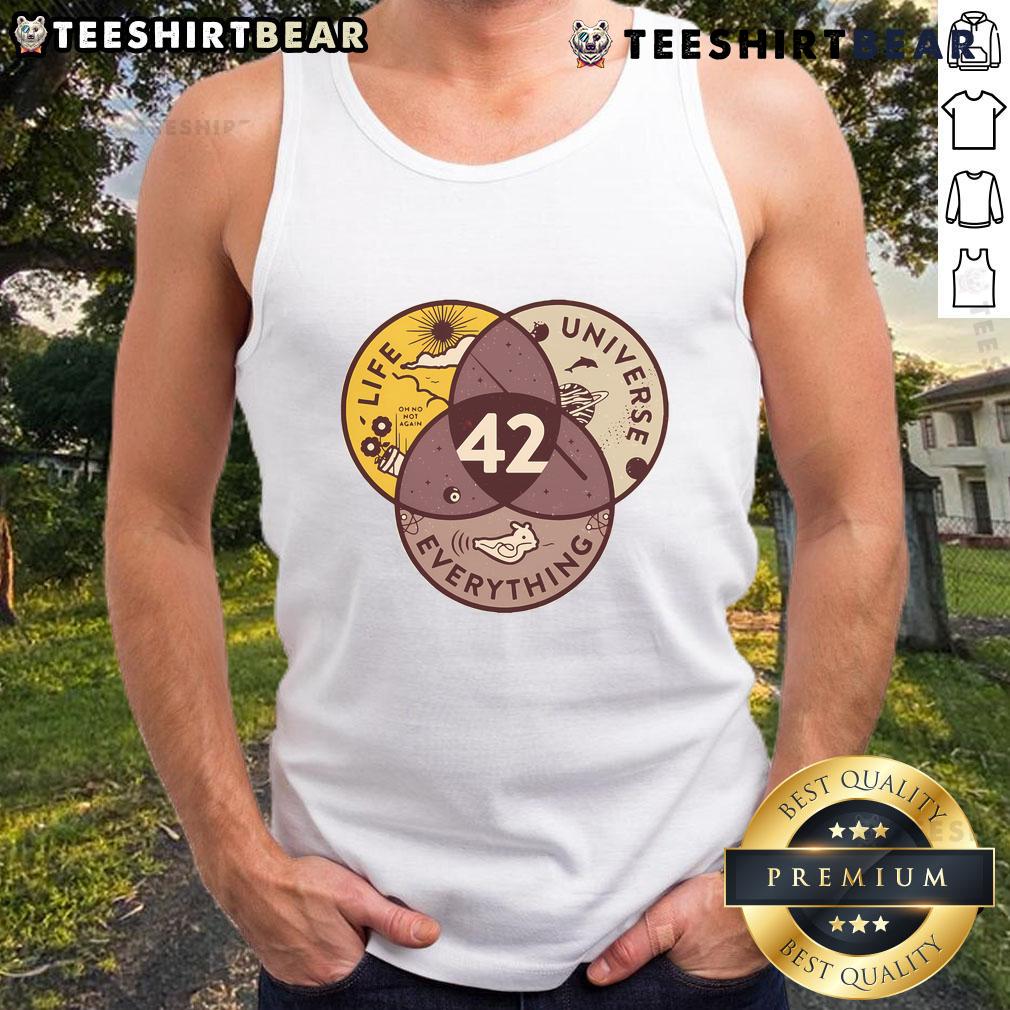 Top 42 Answers to Life Universe Everything tank top featuring a colorful design and humorous text, perfect for fans.