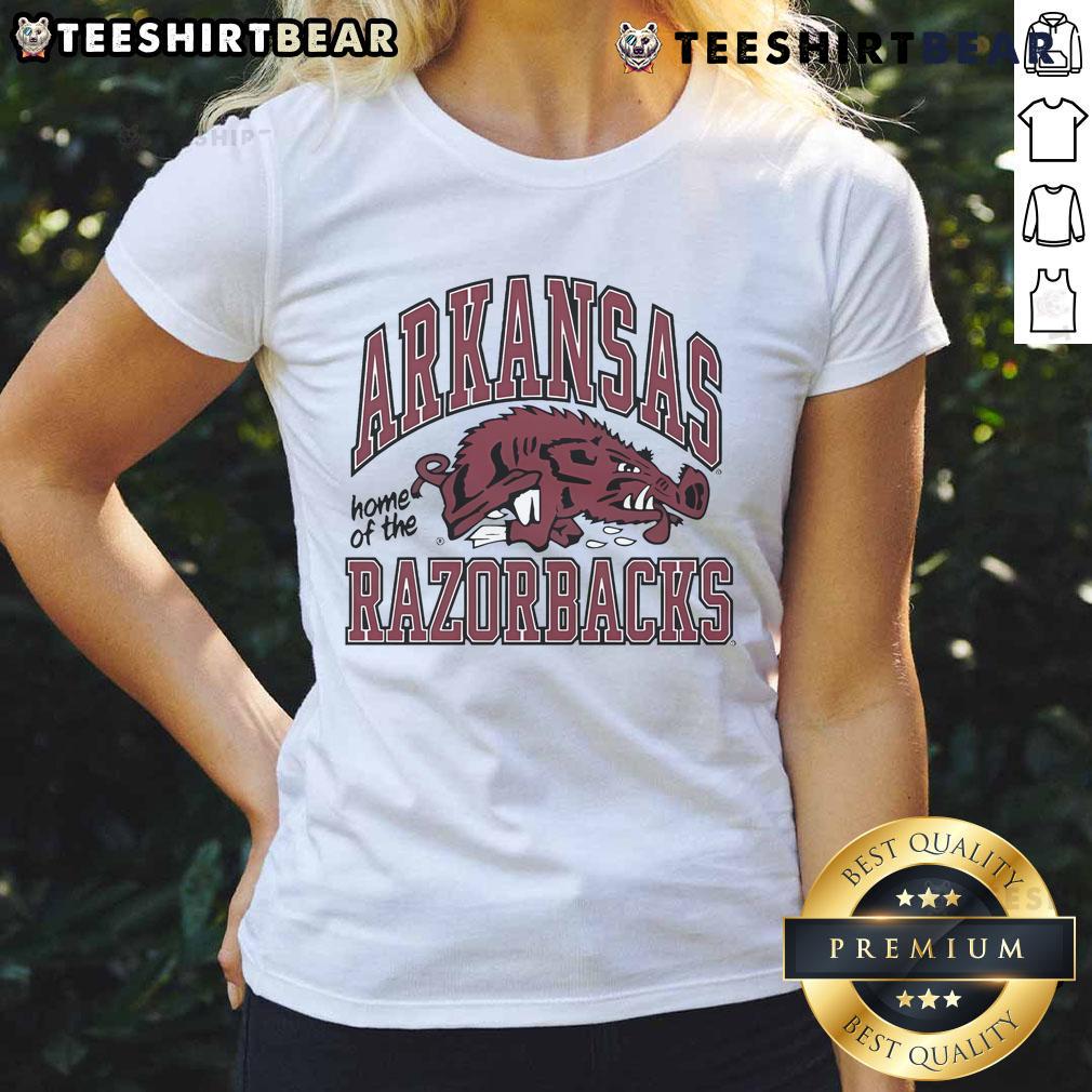 Alt Text: Top Arkansas Home of the Razorbacks Slobbering Hog Ladies Tee featuring vibrant graphics and fan-friendly design.
