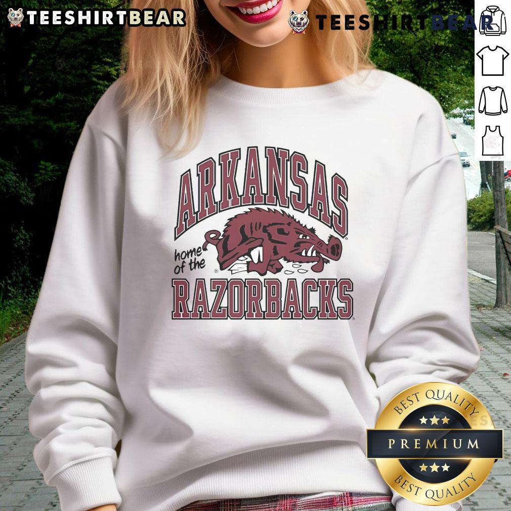 Top Arkansas Home of the Razorbacks Slobbering Hog Sweatshirt featuring a vibrant hog graphic and team colors.
