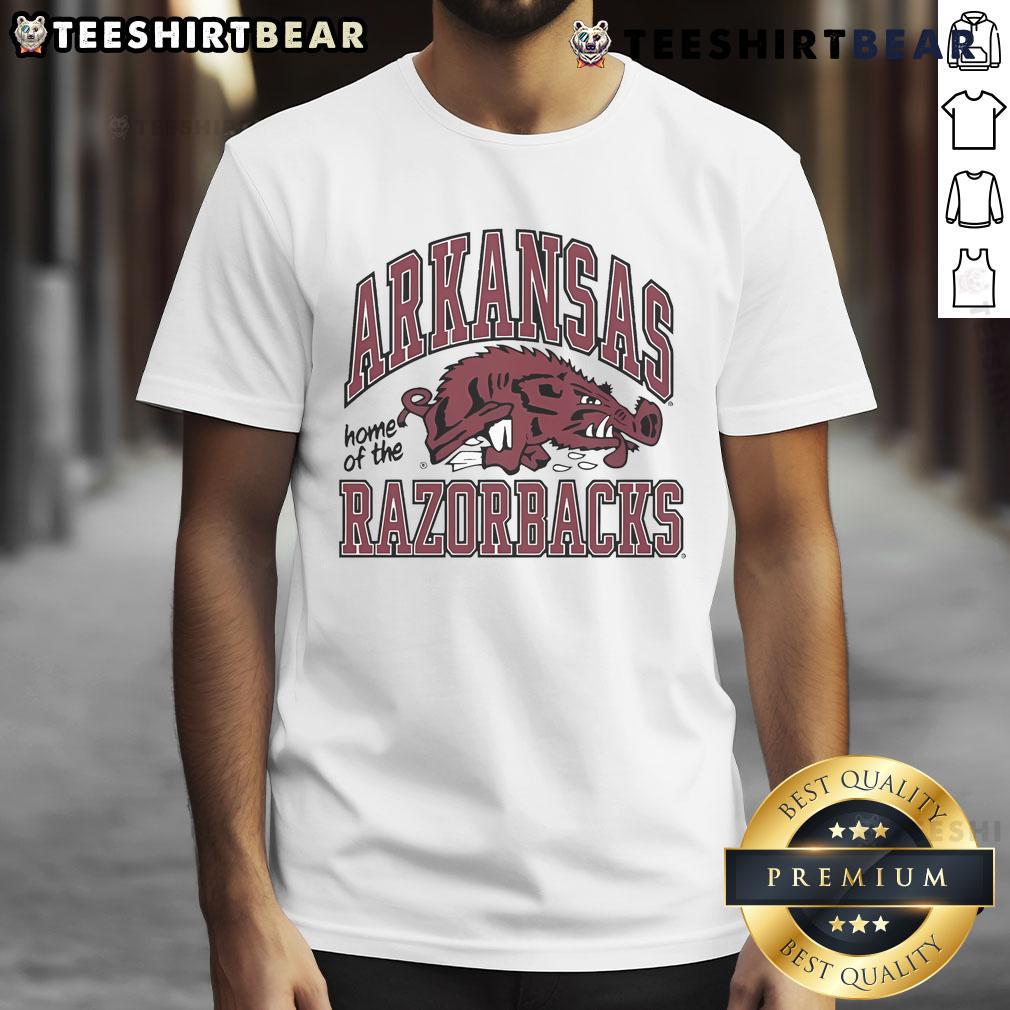 Top Arkansas Home of the Razorbacks Slobbering Hog T-Shirt featuring a vibrant hog graphic and team colors.