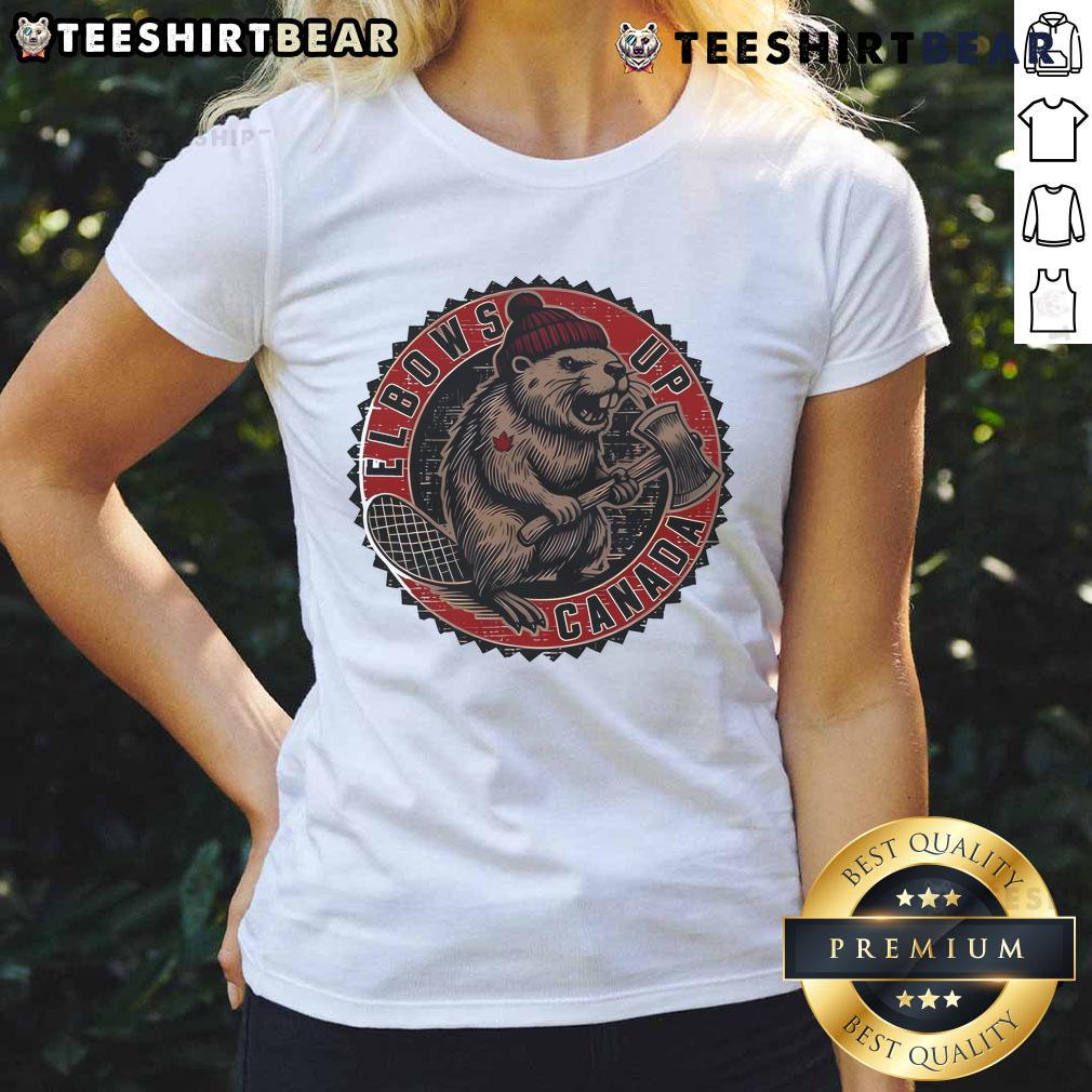 Top Canadian Made Elbows Up Ladies Tee featuring a stylish design, perfect for casual wear and showcasing Canadian pride.