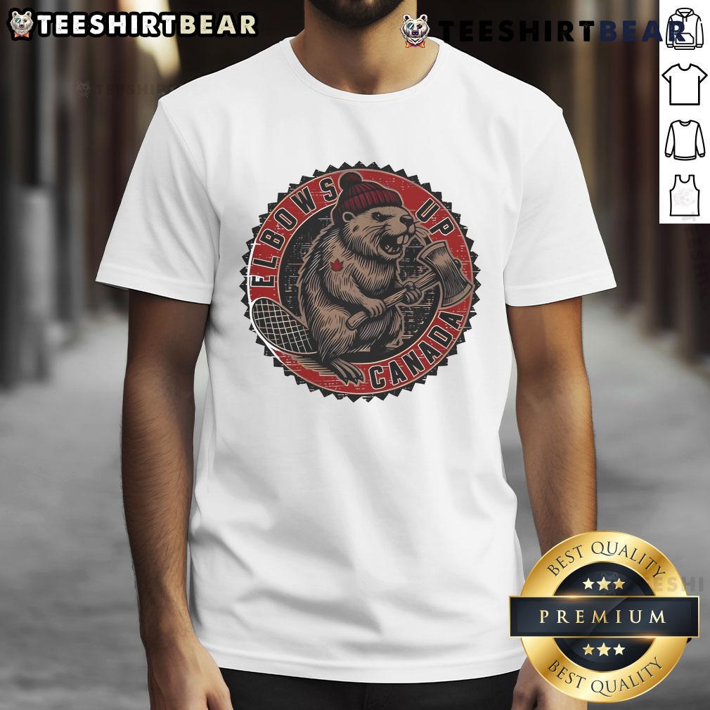 Top Canadian Made Elbows Up T-Shirt featuring a stylish design in vibrant colors, perfect for casual wear.