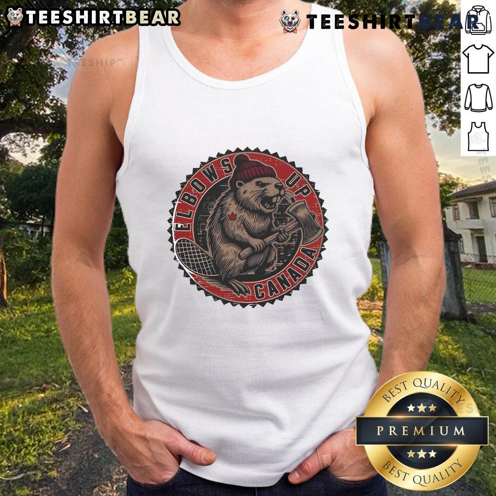 Top Canadian Made Elbows Up Tank Top in vibrant colors displayed on a mannequin against a stylish backdrop.