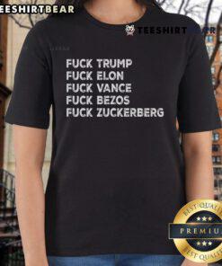 Top F*ck Trump F*ck Elon F*ck The Billionaires Ladies Tee in bold graphic design, perfect for expressing your views.