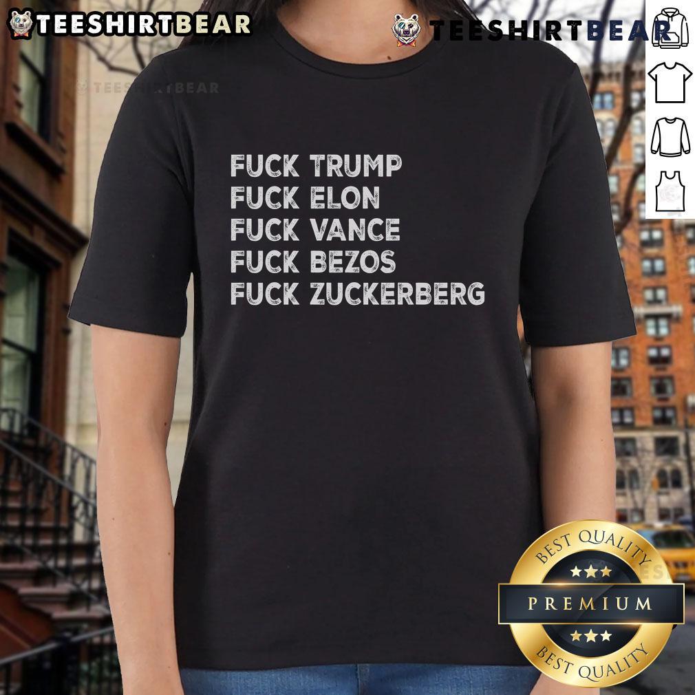 Top F*ck Trump F*ck Elon F*ck The Billionaires Ladies Tee in bold graphic design, perfect for expressing your views.