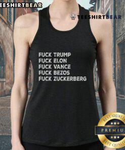 Top Fck Trump Fck Elon Fck The Billionaires tank top design featuring bold, provocative text for political statement wear.