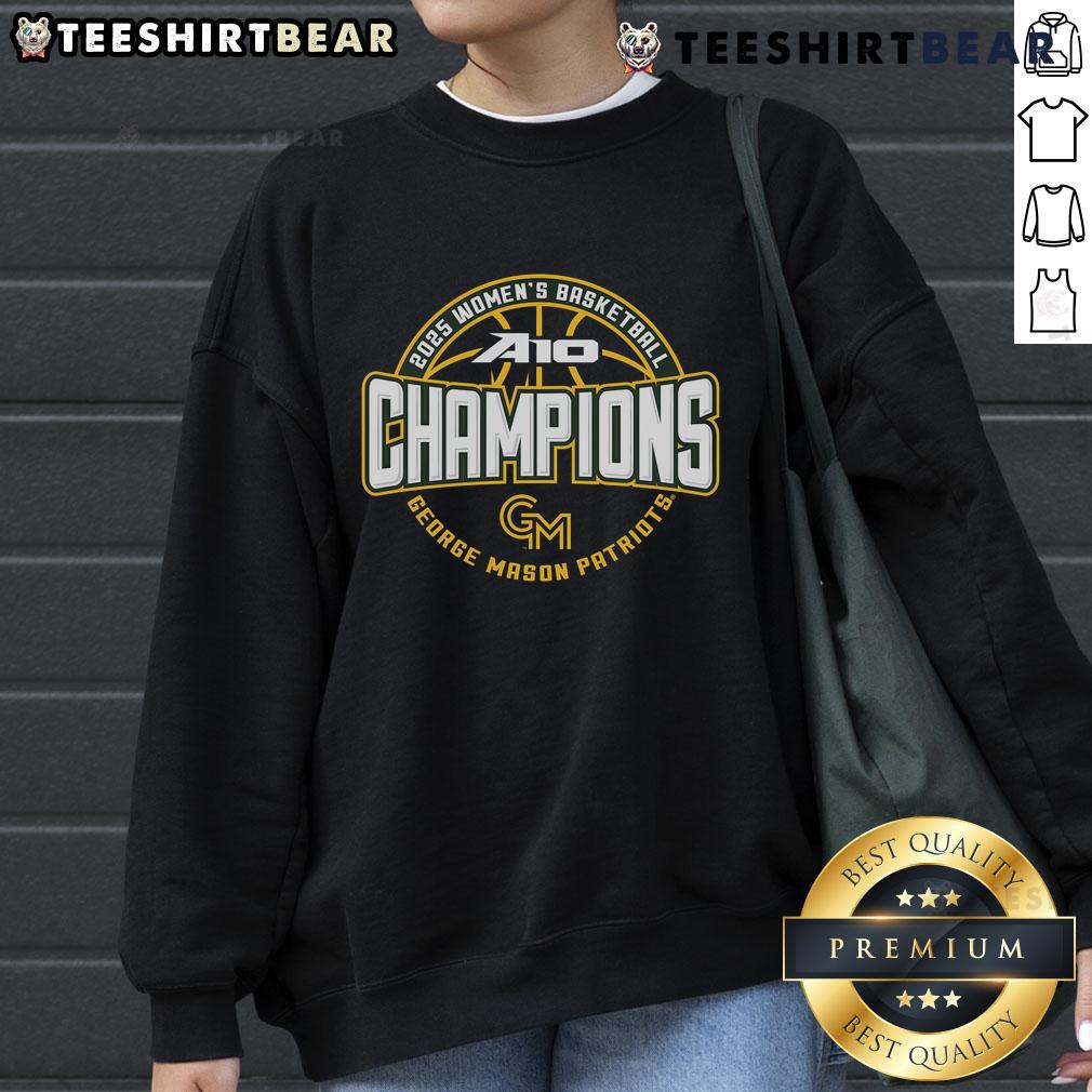 Top George Mason Patriots A-10 Women's Basketball Conference Tournament Champions sweatshirt in green and gold.