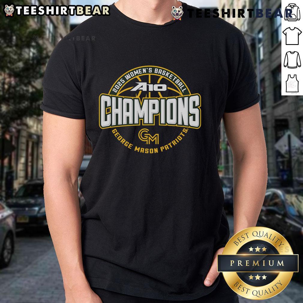 Alt Text: George Mason Patriots A-10 Women's Basketball Conference Tournament Champions T-Shirt featuring team logo and colors.