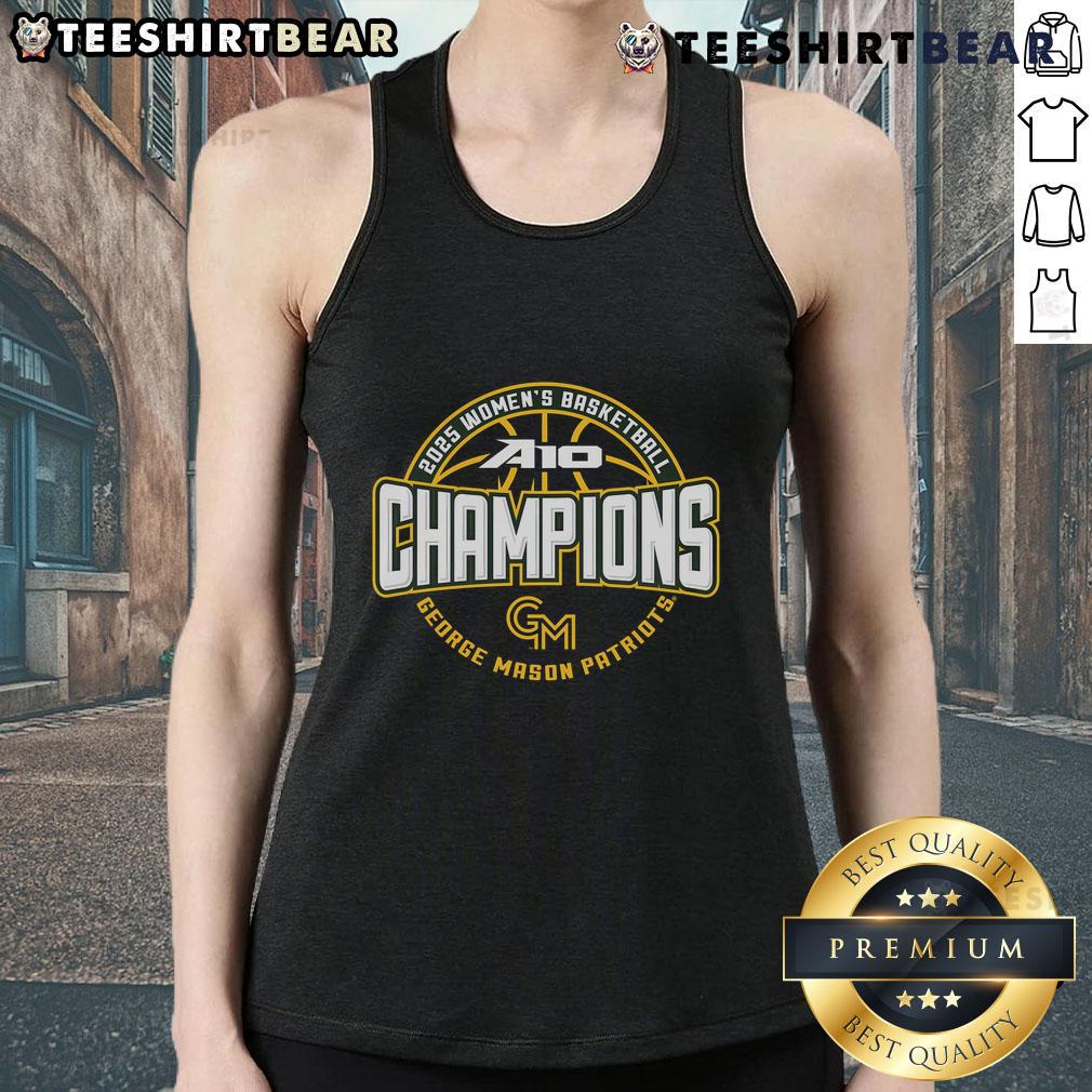 Alt Text: George Mason Patriots A-10 Women's Basketball Conference Tournament Champions tank top in green and gold colors.