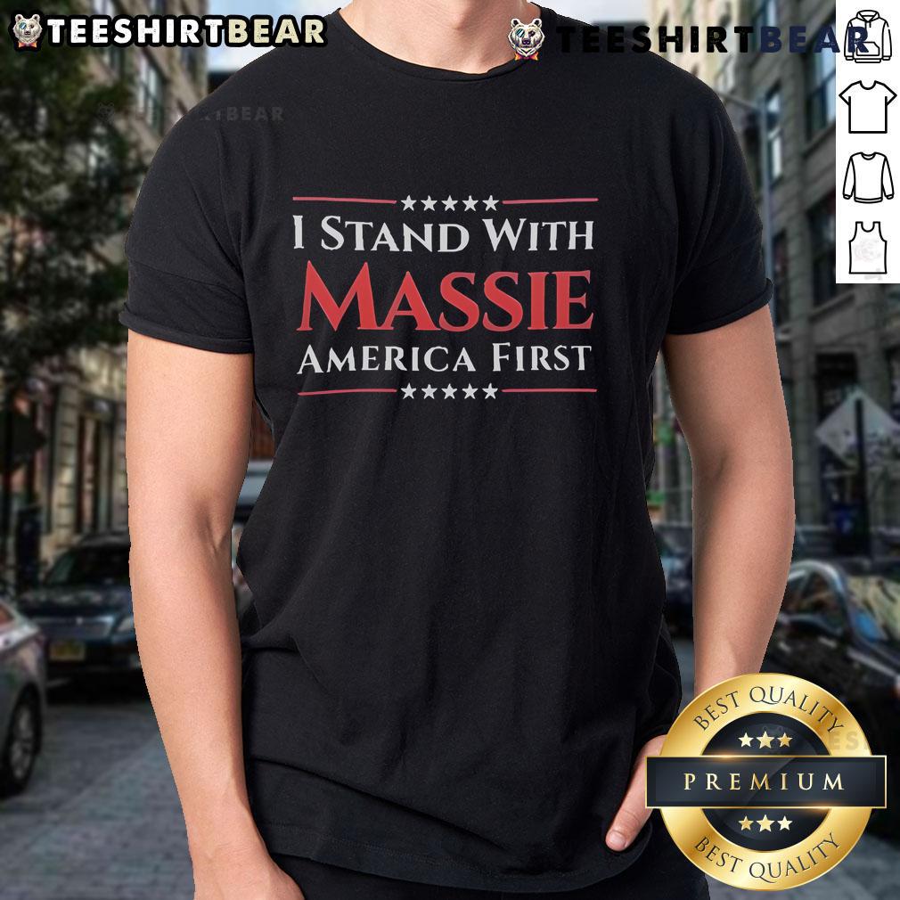 Alt Text: Top I Stand With Thomas Massie America First T-Shirt featuring bold graphics and patriotic colors, perfect for supporters.