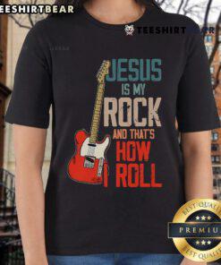 Alt Text: Christian ladies tee featuring Jesus Is My Rock And That Is How I Roll design, perfect for faith-inspired fashion.