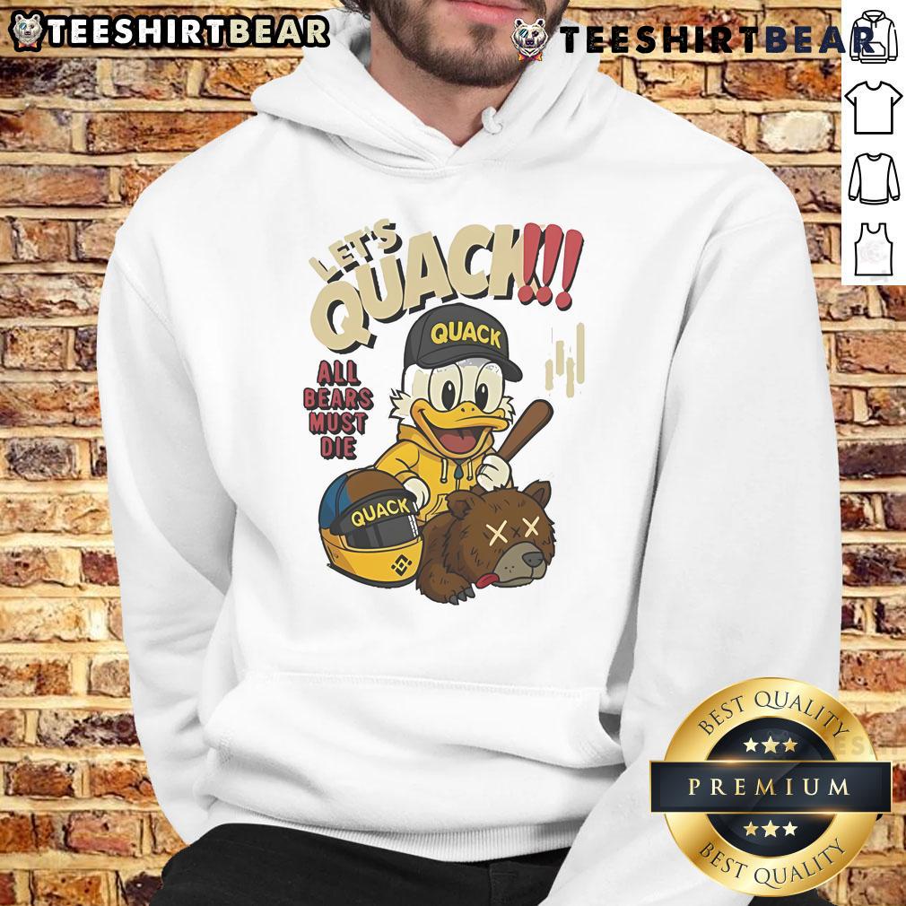 Top Lets Quack All Bears Must Die Duck Hoodie featuring a playful duck graphic and vibrant colors for casual wear.