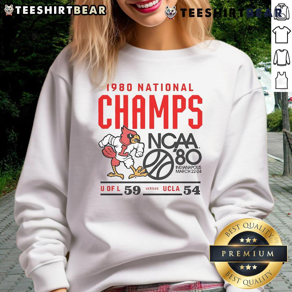 Alt Text: Vintage Louisville Cardinals NCAA 1980 National Champs sweatshirt from March 22-24, showcasing team pride and history.