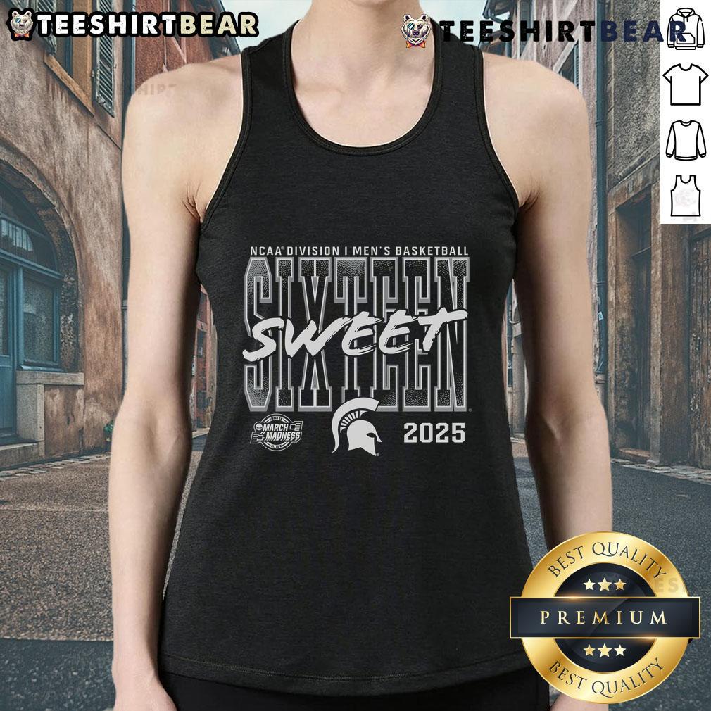 Michigan State Spartans 2025 NCAA Men's Basketball Tournament Sweet 16 tank top featuring team colors and logo.