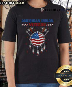 Patriotic Indigenous ladies tee featuring Native American Indian veteran design with USA flag.