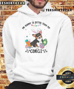 Alt Text: Tricolor Corgi dog wearing a festive Easter hoodie with 'No Bunny is Better' text, perfect for Easter celebrations.